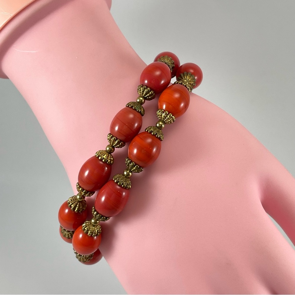 Stunning Vintage Unsigned Orange Oval Glass Beaded Gold Tone Dual Layer Bracelet